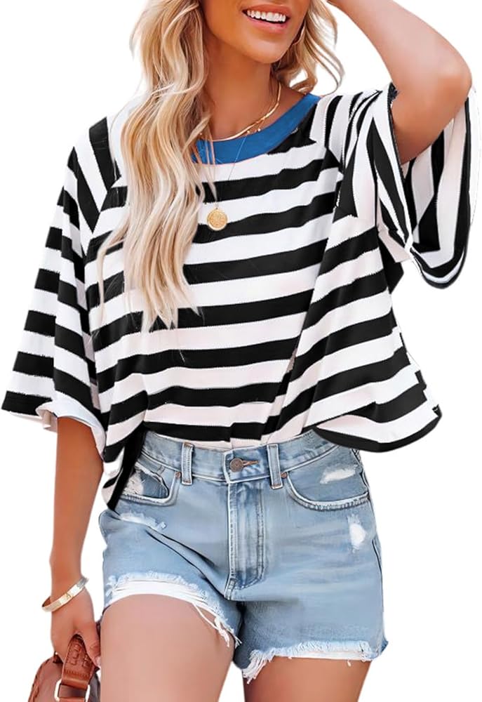 Dokotoo Tops for Women Striped 2024 Fashion T Shirts for Women Color Blocking Design Loose Basic Tee