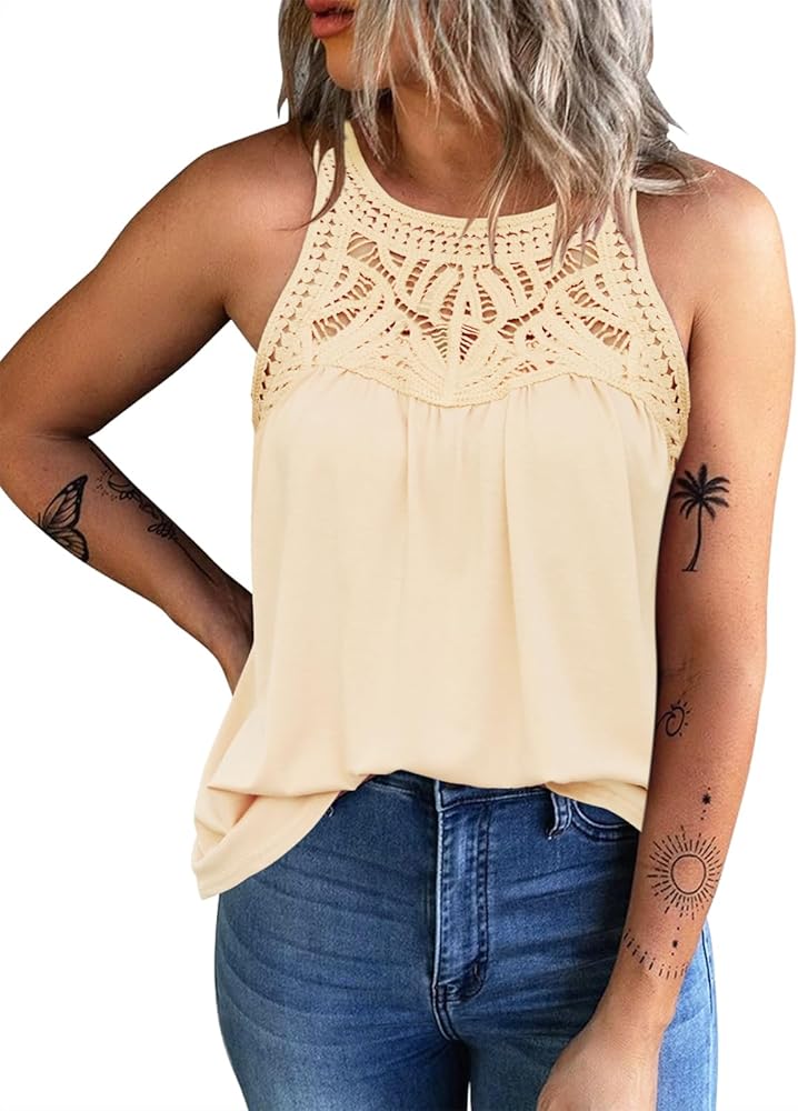 FARORO Lace Halter Tank Tops for Women Boho Vest Summer Blouse Shirts Crochet Sleeveless Camisoles Tee