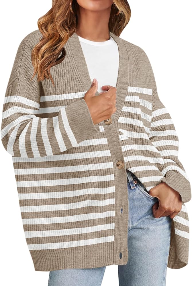 MEROKEETY Women's Oversized Striped Cardigan Sweaters 2024 Open Front Button V Neck Knit Outerwear