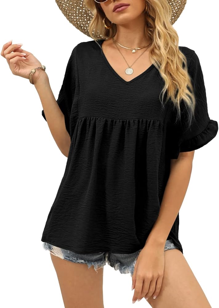 WIHOLL Womens Tops Casual V Neck Ruffle Sleeve T Shirts Babydoll Loose Fit Peplum Tops