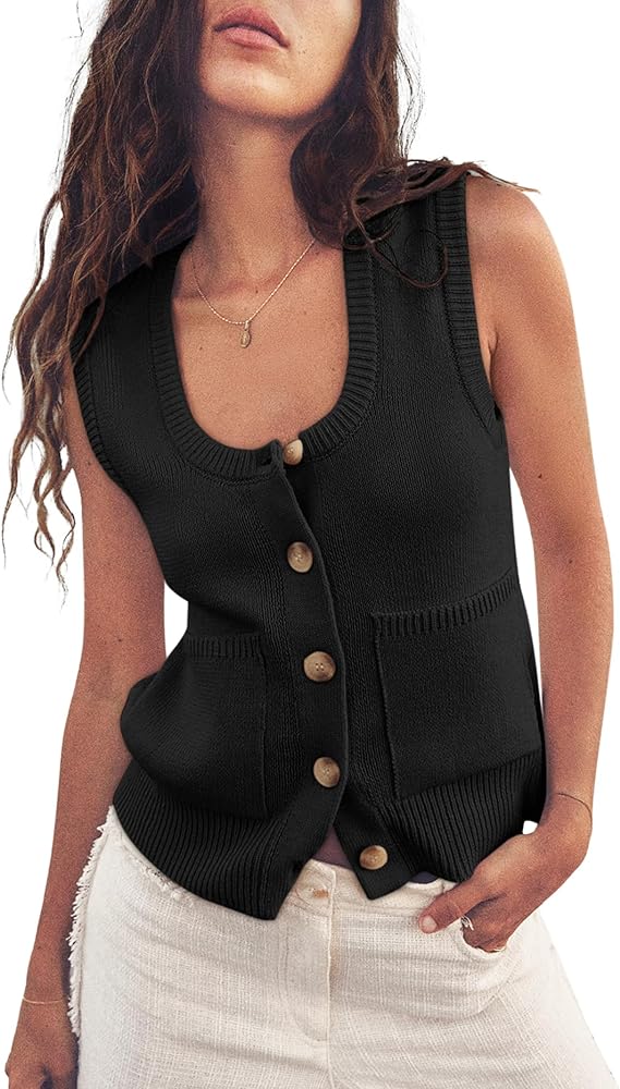 Yousify Womens Sweater Vest Summer Ribbed Tank Tops Sleeveless Button Down Shirts Scoop Neck Top for Women