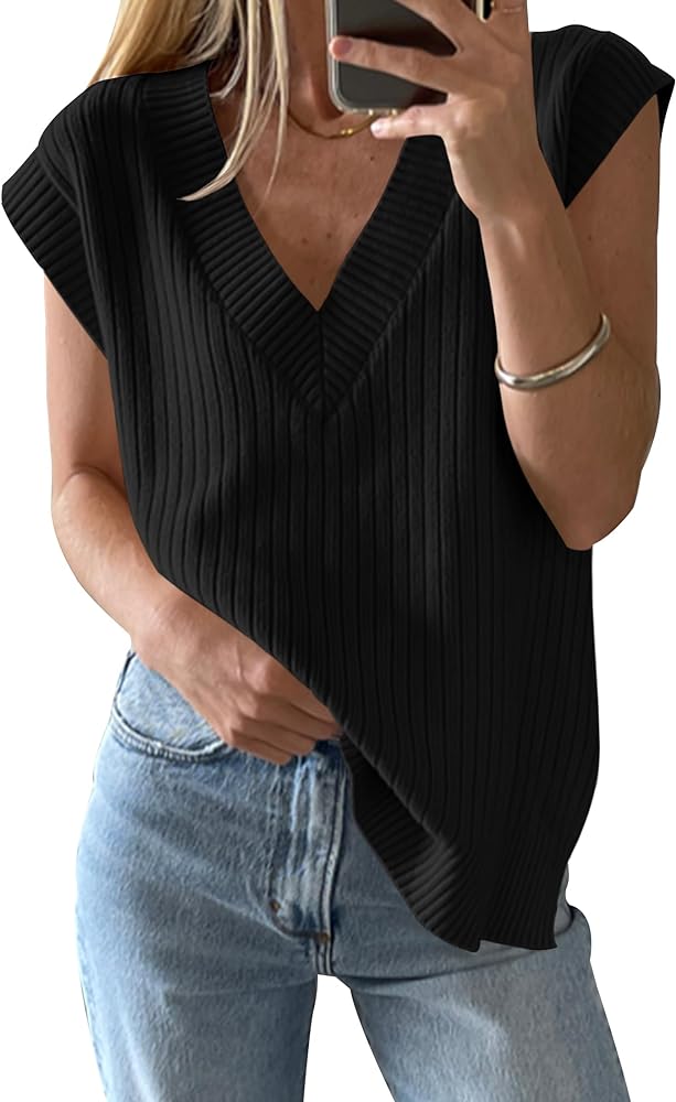 HAEOF Summer Sweater Vest for Women 2024 Casual Sleeveless Oversized V Neck Cap Sleeve Split Hem Ribbed Tank Tops