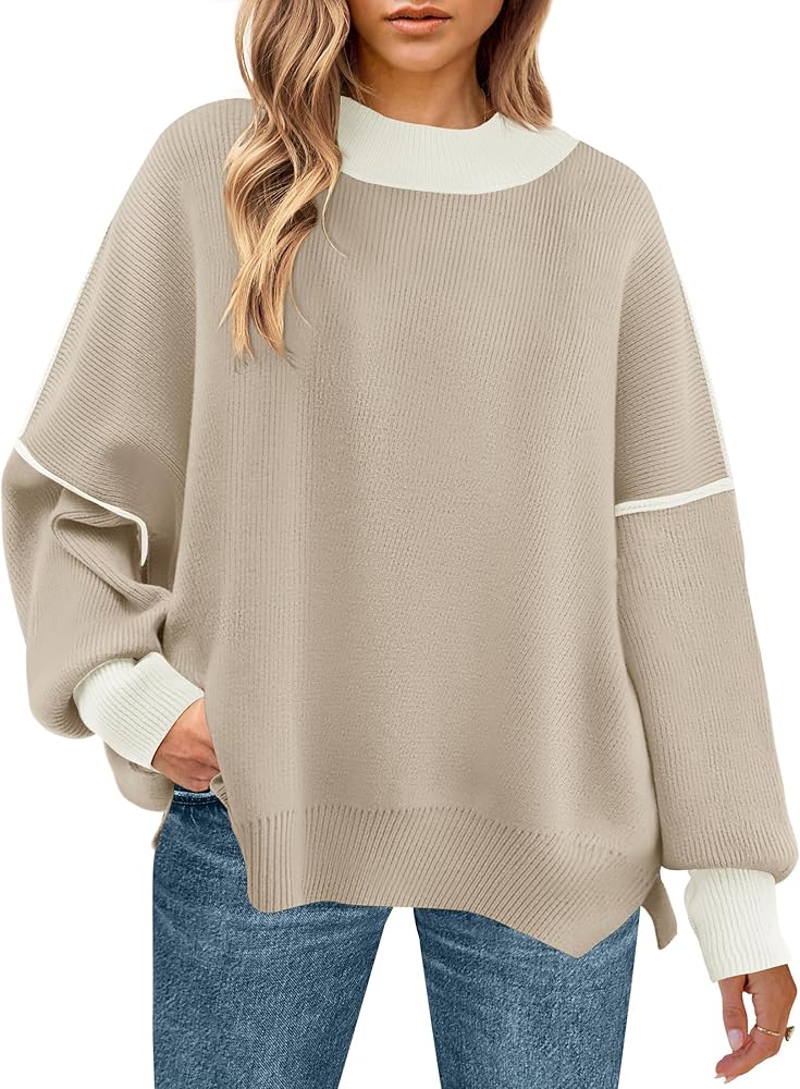 ZESICA Women's Winter Oversized Sweaters Long Sleeve Color Block Mock Neck Side Slit Comfy Loose Knitted Pullover Tops