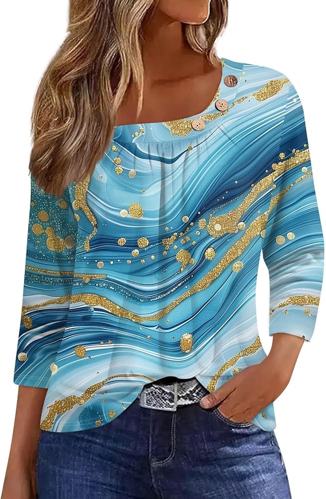 Womens Summer Tops 3/4 Sleeve Bloues Square Neck Shirts Floral Print Tees Tunics Trendy Clothing