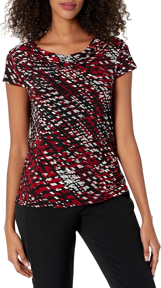 Kasper Women's Cowl Neck Cap Sleeve Printed Knit Top