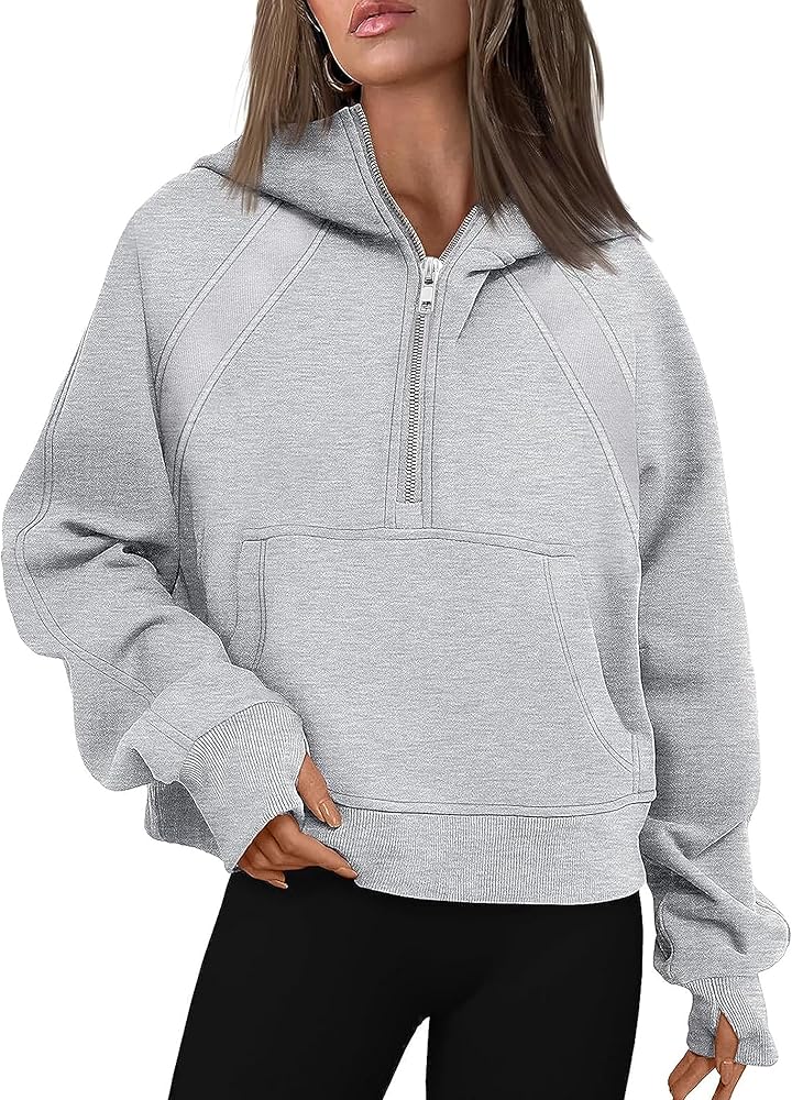 Women's 2024 Sweatshirts Half Zip Cropped Pullover Fleece Quarter Zipper Hoodies Fall Outfits Clothes Thumb Hole