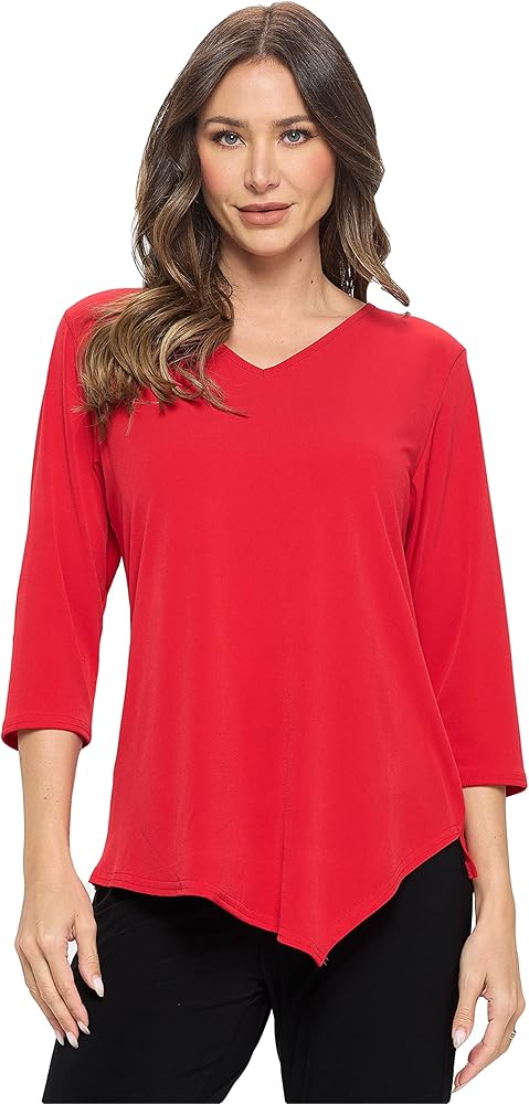 Jostar Women's Casual Tunic Top - 3/4 Sleeve Solid Center Drop V-Neck Asymmetrical Hem T Shirt Blouse 33062HT-QRS1 RED XL