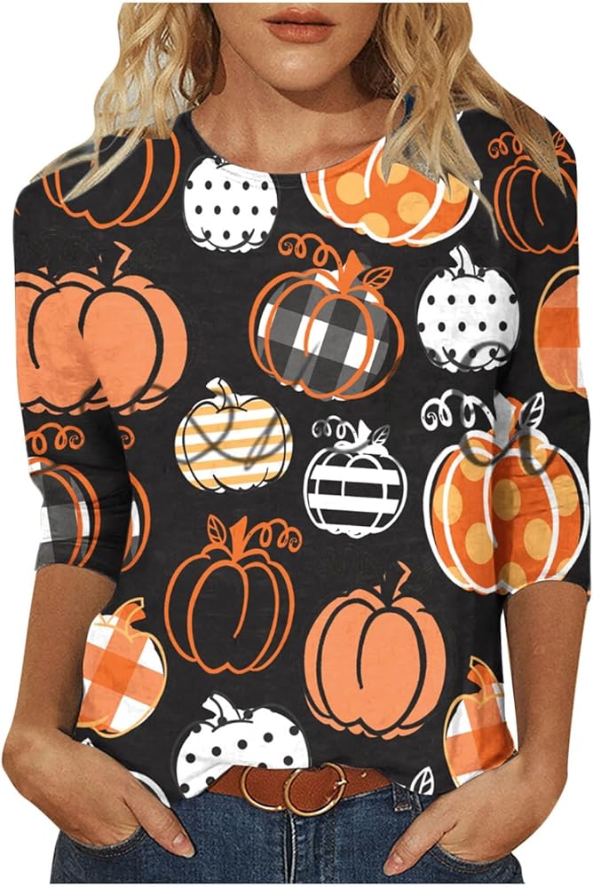 2023 Halloween Shirts for Women Casual Pumpkin Graphic Tees Trendy 3/4 Sleeve Tops Workout Fall Crewneck Tunic Blouse