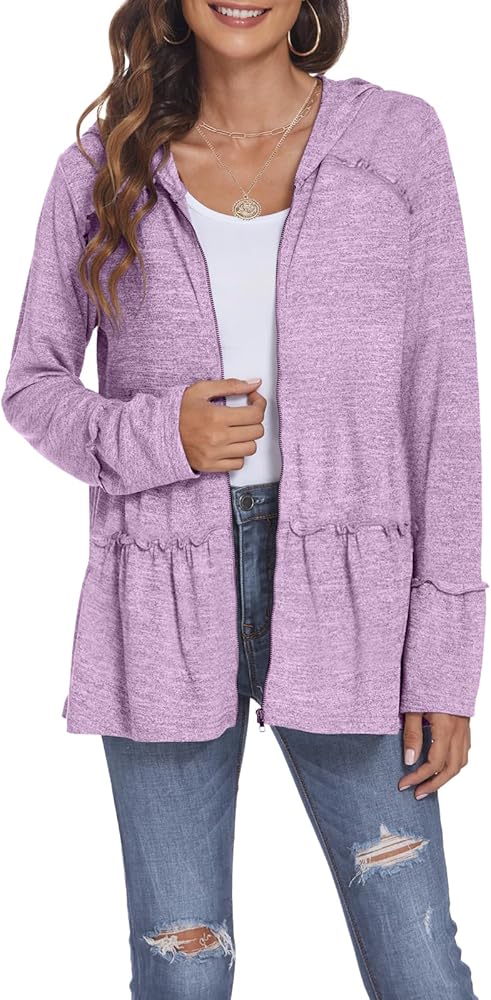 DEESHA Plus Size Zip Up Hoodie for curvy Women Spring Ruffle Hooded Sweatshirts Jacket Cardigans Lightweight(Fuchsia, 3X-Large)