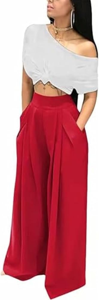 LROSEY Women Casual Stretchy Wide Leg Palazzo Pants with Pockets Flowy Dress Pants High Waisted Trousers