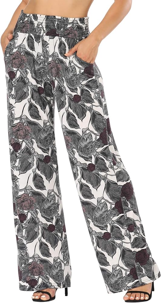 EEVASS Women's Casual Wide Leg Floral Print Palazzo Lounge Pants Stretchy Boho Pants