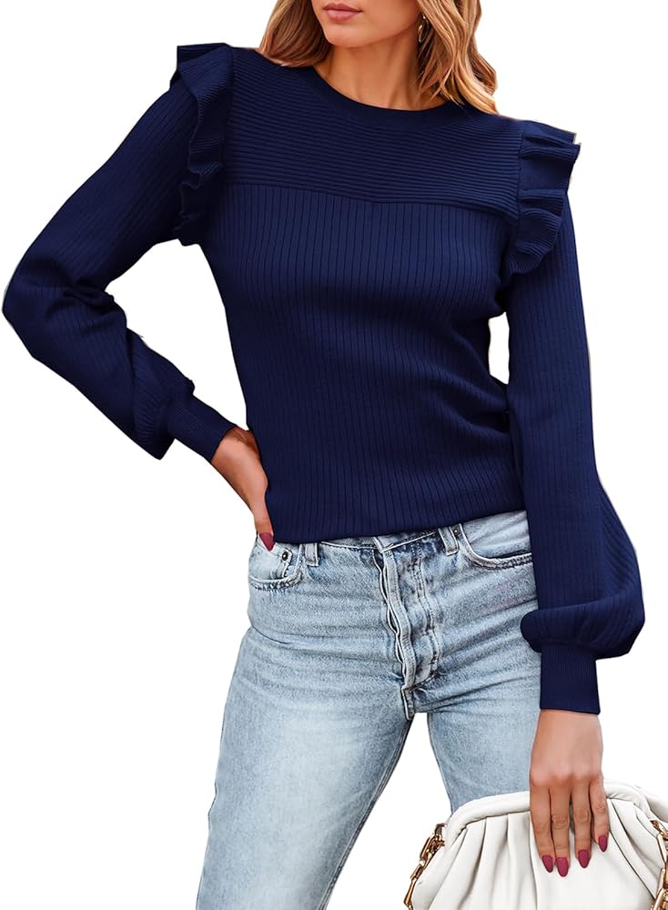 PRETTYGARDEN Women's Ruffle Long Sleeve Sweaters Crew Neck Lightweight Sweatshirts 2024 Fall Ribbed Knit Pullover Tops