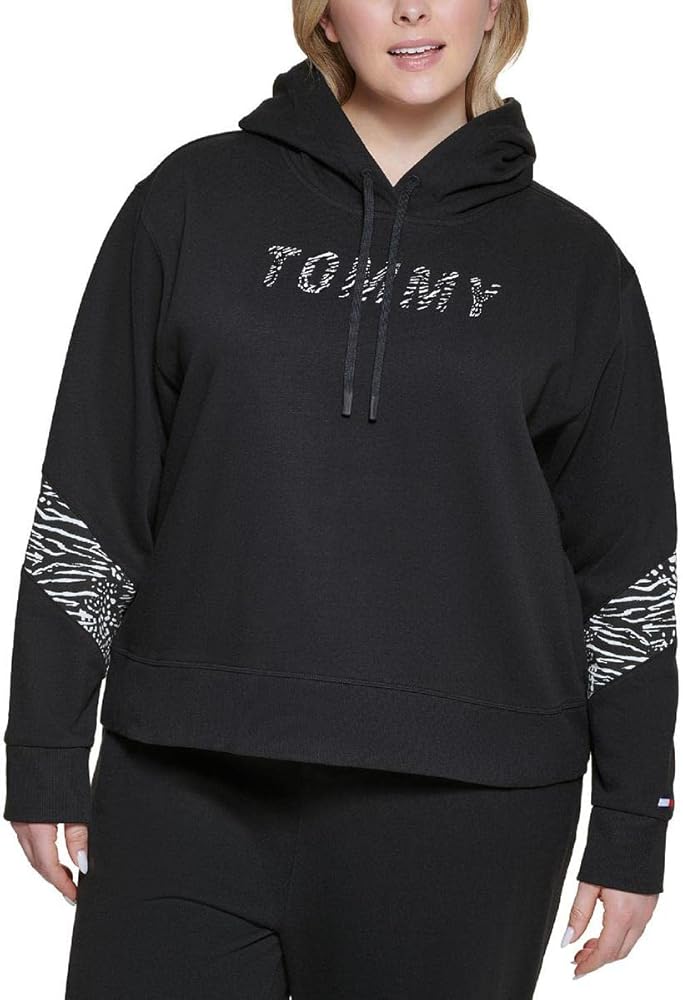 Tommy Hilfiger Sport Womens Plus Logo Animal Print Hoodie Black 1X