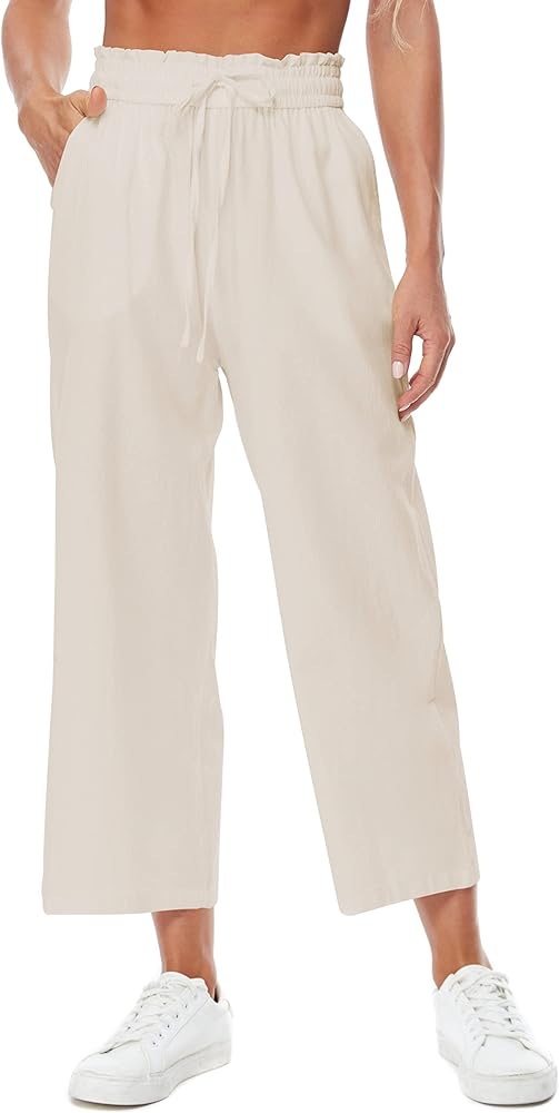 Womens Linen Pants Wide Leg High Waisted Drawstring Casual Flowy Pants with Pockets