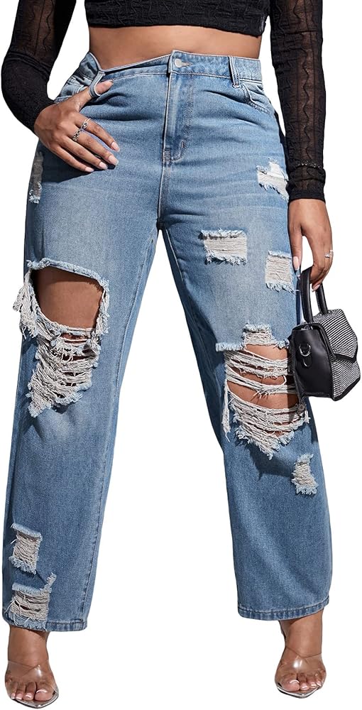 WDIRARA Women's Plus Size Ripped High Waist Cut Out Straight Leg Jeans Denim Pants