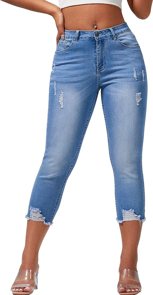 roswear Women's Capri Pants Mid Rise Skinny Ripped Stretchy Cropped Distressed Jeans