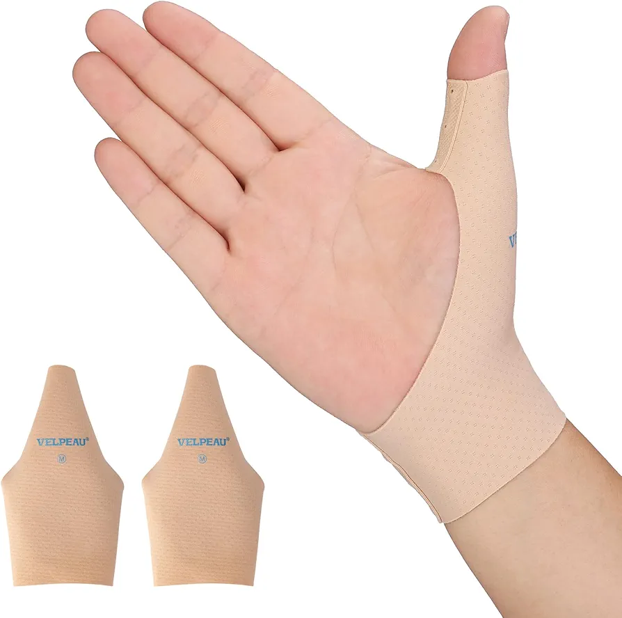 Velpeau Thumb Wrist Compression Sleeve for Arthritis Pain (2 Pcs) -Elastic Liner for Plastic Splint, Right & Left Hands (Beige, Long Version, Small)