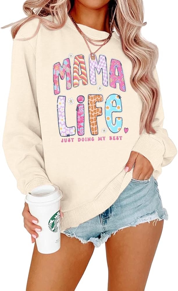 EGELEXY Mama Oversized Sweatshirt Mom Life Sweatshirts Women Floral Graphics Shirt Mom Crewneck Long Sleeve Pullover