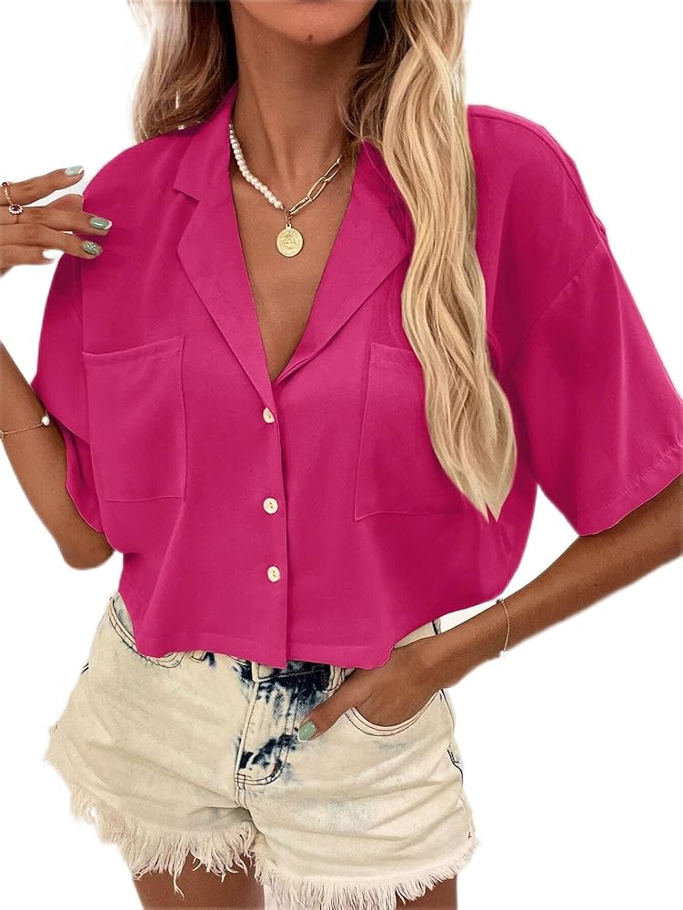 LEWGEL Tops,Tees & Blouses for Women Solid Button Through Dual Pocket Blouse