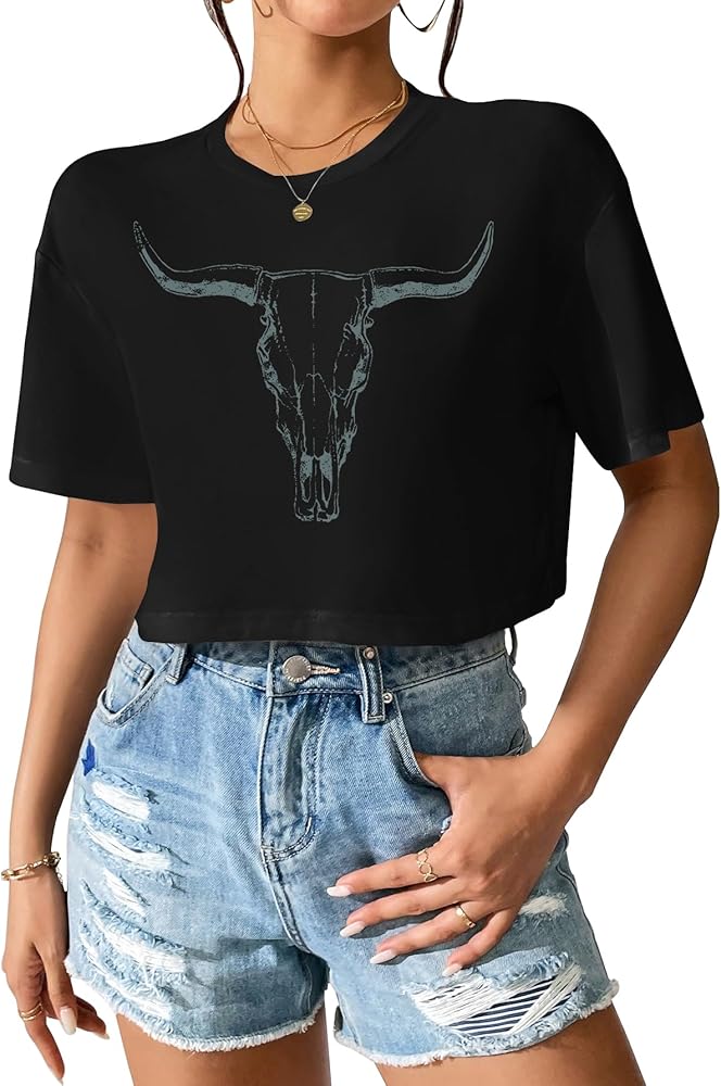 Women Cow Crop Tops Western Cowgirls Graphic T-Shirt Vintage Rodeo Cow Skull Country Concert Tees Tops