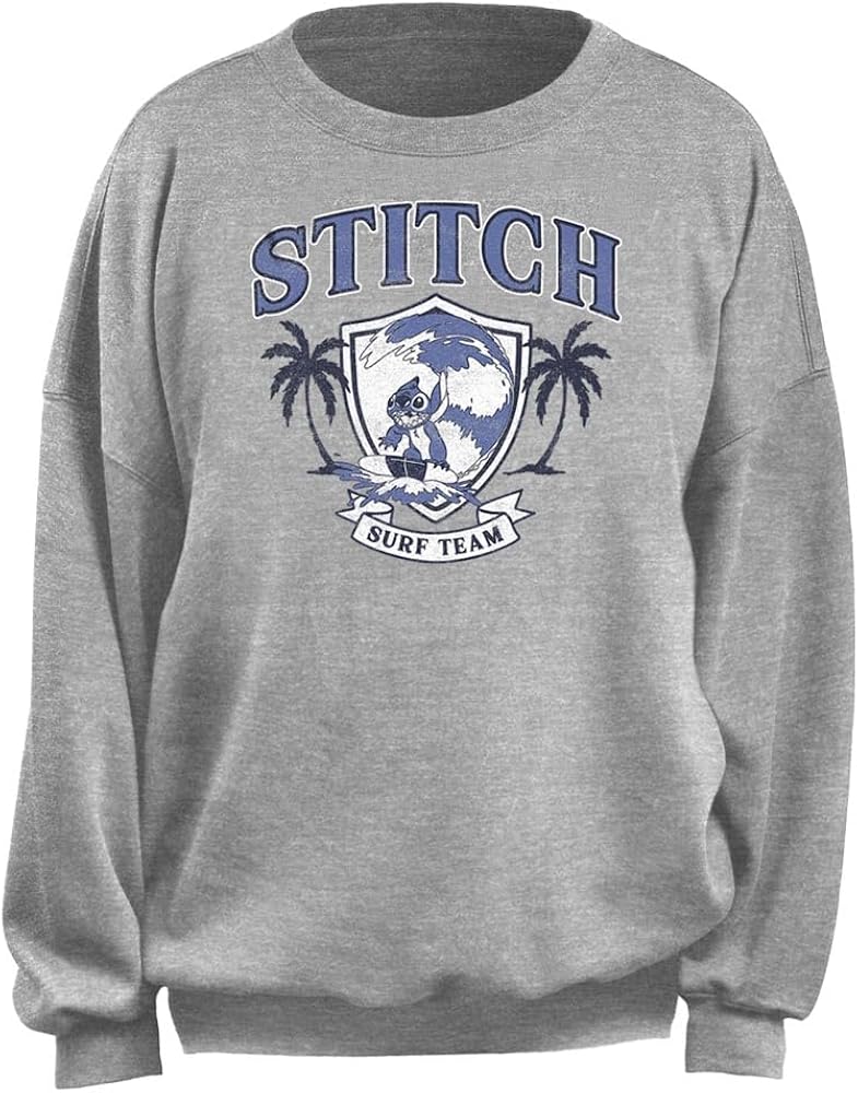 Disney Women's Junior's Stitch SURF Team Oversized Fleece, Heather Grey, Medium