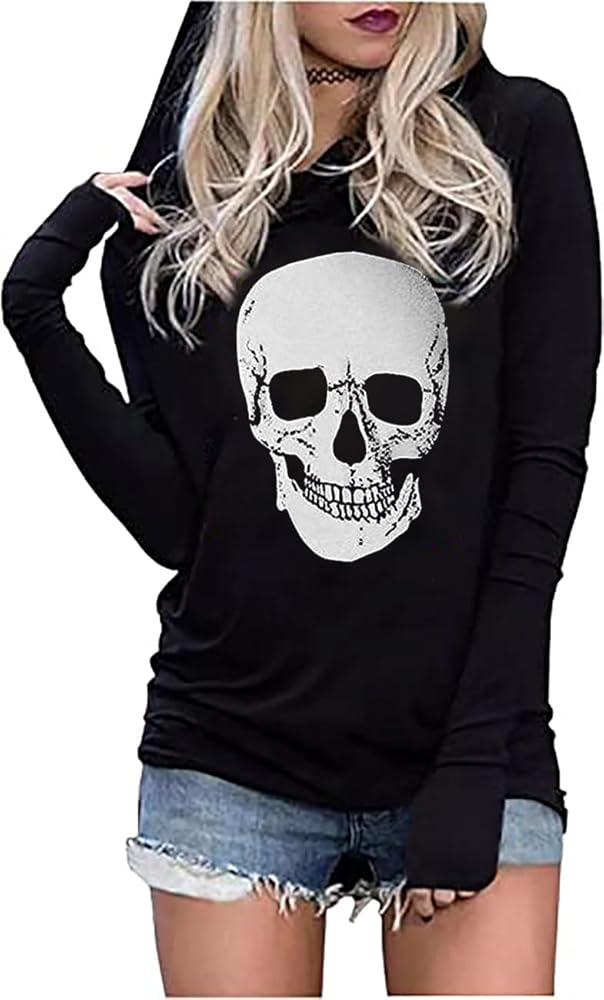 FCHICH Skull Hoodie Tshirt Women Vintage Gothic Graphic Tees Halloween Hoodies Casual Fall Long Sleeve Pullover Tops