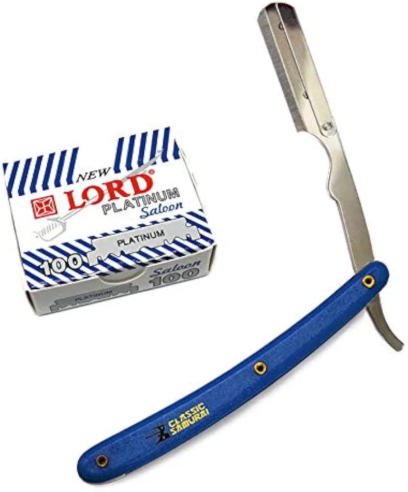 Stainless Steel Professional Barber Folding Straight Edge Razor Shavette Men's Shaving Kit with 100 Count Lord Platinum Single Edge Razor Blades (Blue)