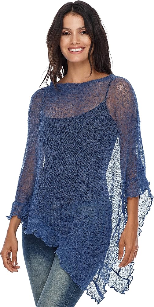 SHU-SHI Womens Sheer Poncho Shrug Lightweight Knit Ruffle Pullover Sweater Top