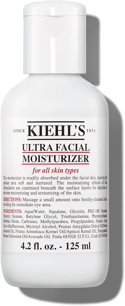 Kiehl's Ultra Facial Moisturizer, for Easy Daily Hydration, Infused with Squalane and Glycerin, Replenishes Moisture Barrier and Softens Skin, Suitable for All Skin Types, Fragrance-Free