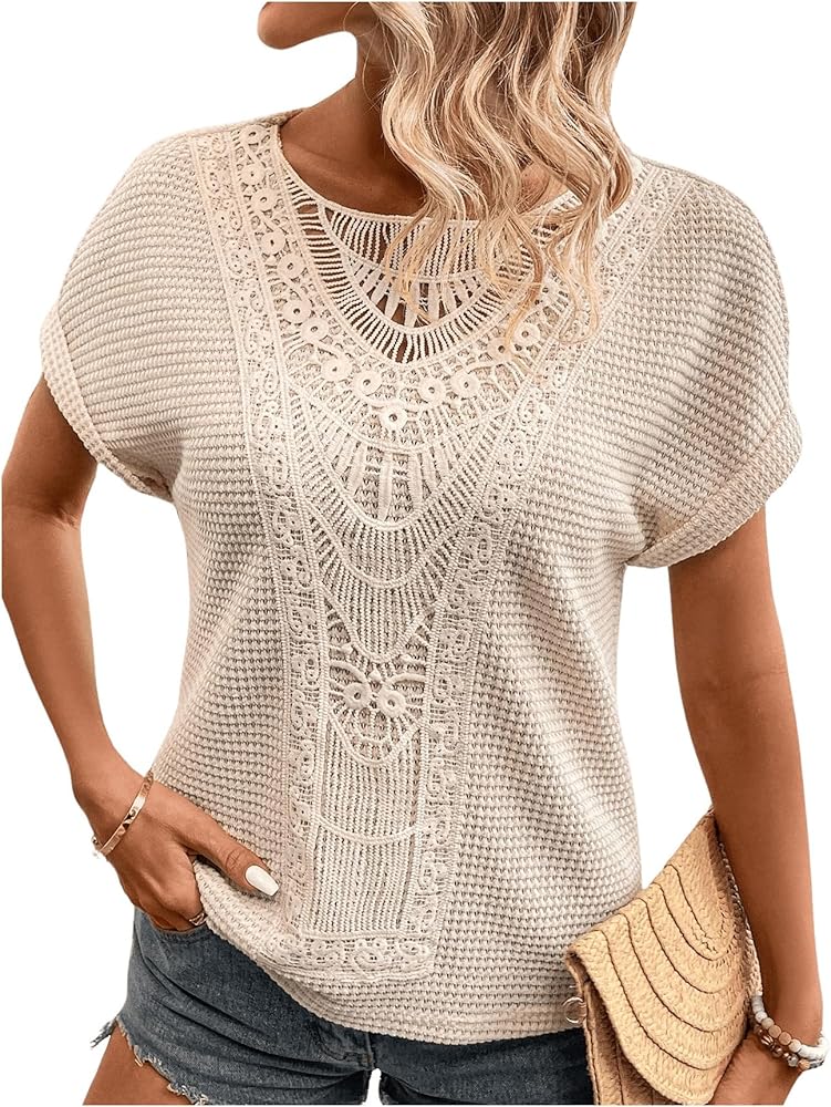 WDIRARA Women's Lace Splice Drop Shoulder Blouse Shirt V Neck Waffle Knit Textured Casual T-Shirts Tops