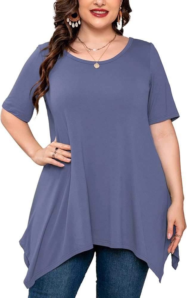 AusLook Plus Size Women's Tunic 3/4 Sleeve Clothes Swing Babydoll Top Side Split Crewneck Blouse Flowy Shirts M-5X