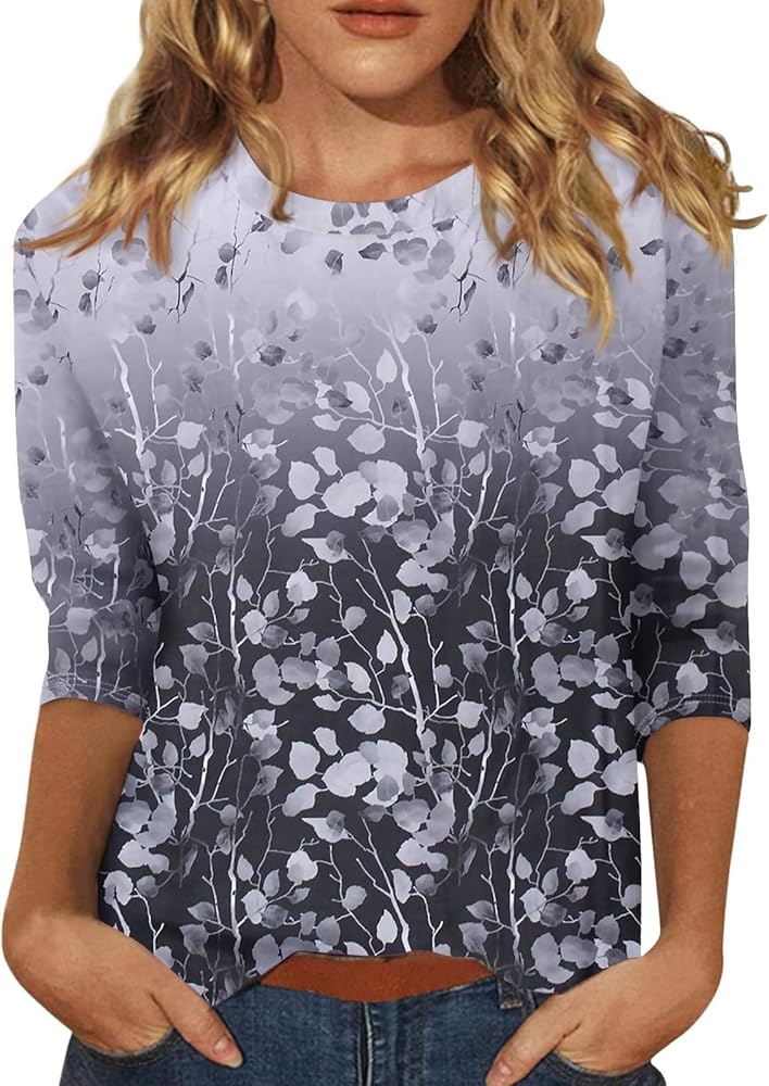 Graphic Tees for Women O-Neck 3/4 Sleeve Shirts Cute Casual Blouses Trendy Printed Tunic Loose Fit Basic Clothing