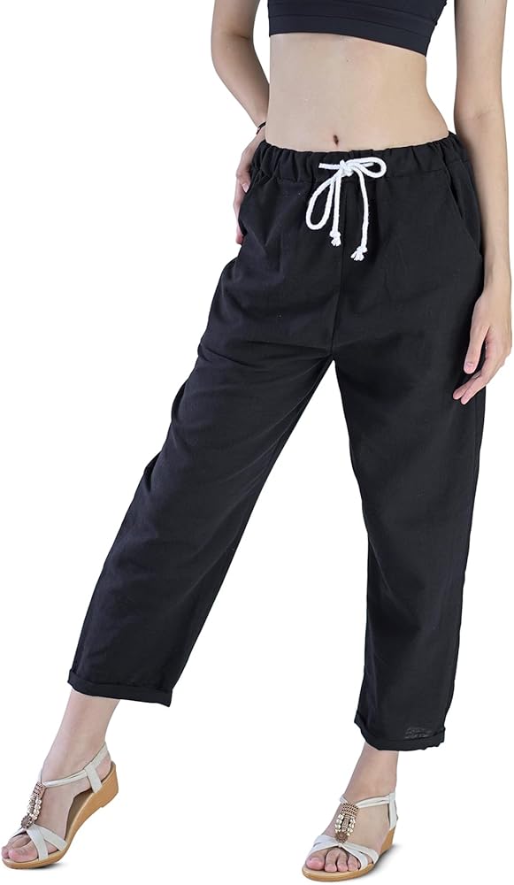 Women's Summer Drawstring Waist Wide Leg Loose Cotton Palazzo Pants