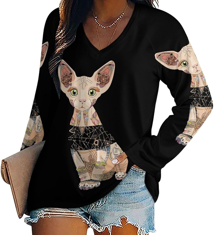 Pride Sphynx Cat Loose Womens Shirts Long Sleeve Tees Tops Casual V-Neck Graphic Blouses