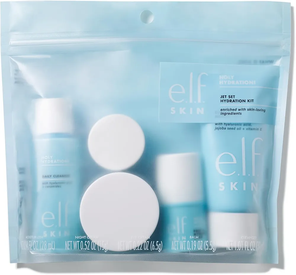 e.l.f. Jet Set Hydration Kit, Travel Friendly Hydrating Skincare Set, Face Cleanser, Balm, Moisturizer, Eye Cream & Night Cream, Vegan & Cruelty-Free