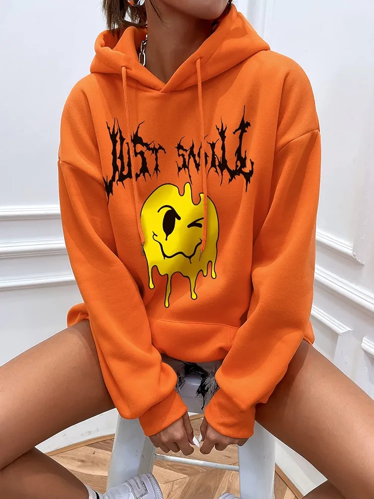 Sweatshirtw for Women - Letter & Expression Print Kangaroo Pocket Drop Shoulder Drawstring Thermal Oversized Hoodie (Color : Orange, Size : Small)