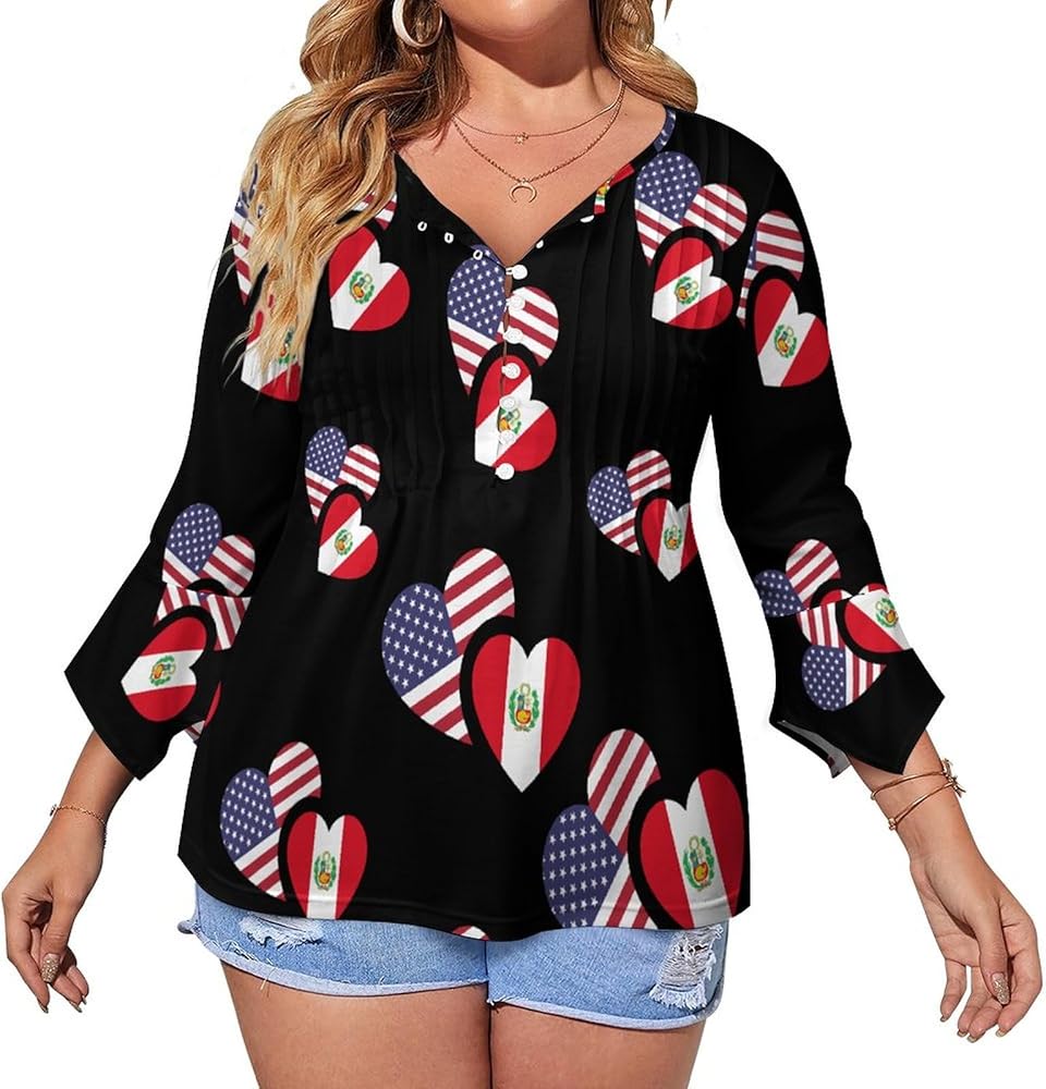 Peru US Flag Cute Womens T-Shirts 3/4 Sleeve Button Down Tee Tops Blouse Summer Beach