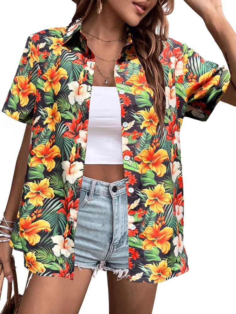 Women's Hawaiian Shirts Floral Tropic Print V Neck Button Down Shirt Summer Hawaii Short Sleeve Blouse Tops