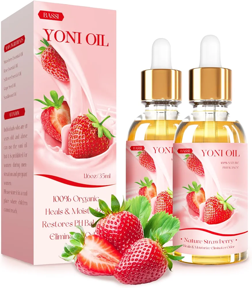 BASSI 2PCS Yoni Oil Organic Feminine Oil Vaginal Moisturizer - Ph Balance for Women - Feminine Deodorant - Eliminates Odor With Strawberry Essential Oil, All Natural Yoni Oil