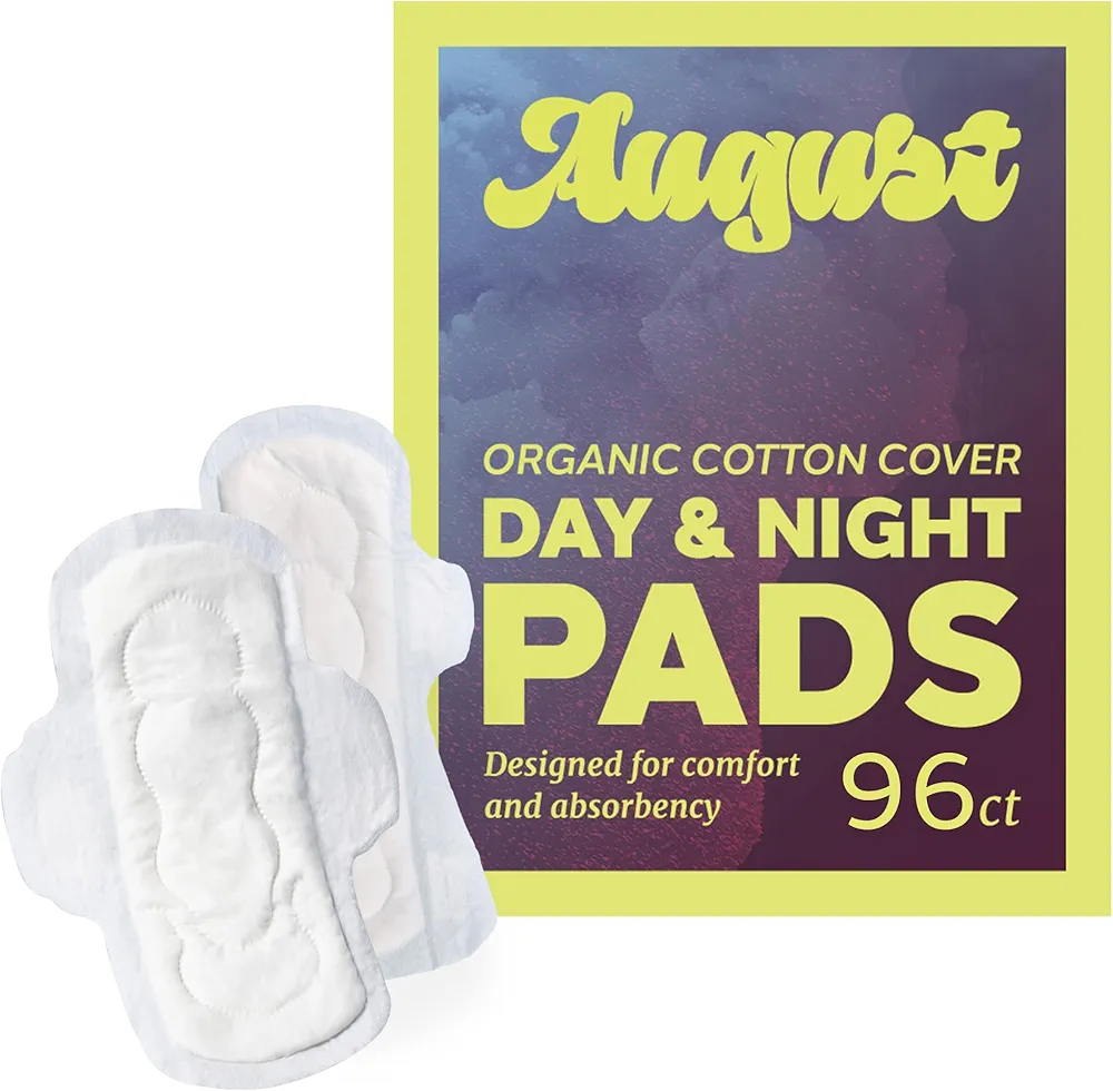 August Menstrual Day & Night Organic Cover Pads, 48-Pack Day, 48-Pack Night Pads, Compostable Wrappers, Hypoallergenic Organic Cover Pads for Women and Anyone Who Menstruates (6 Boxes of 16)