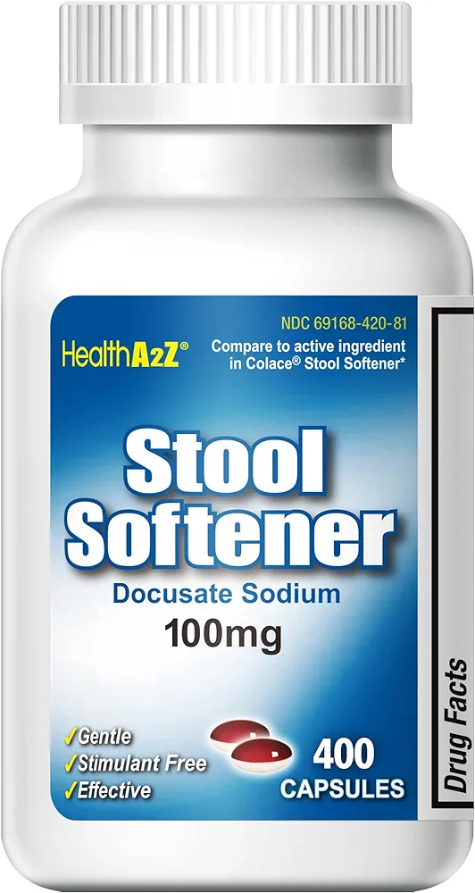 HealthA2Z® Stool Softener | Docusate Sodium 100mg | Red & White Capsules | Dependable | Gentle Constipation Relief (400 Counts)