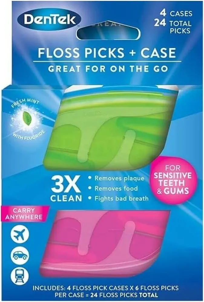 DenTek Floss Picks & Travel Case for On-The-Go, 4 Travel Cases with 6 Floss Picks Each, (Pack of 8)