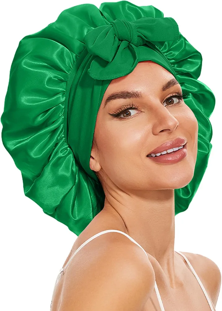 Large Satin Silk Hair Bonnet for Sleeping, Double Layer Satin Bonnets with Tie Band Hair Wrap for Women Men Shower Cap