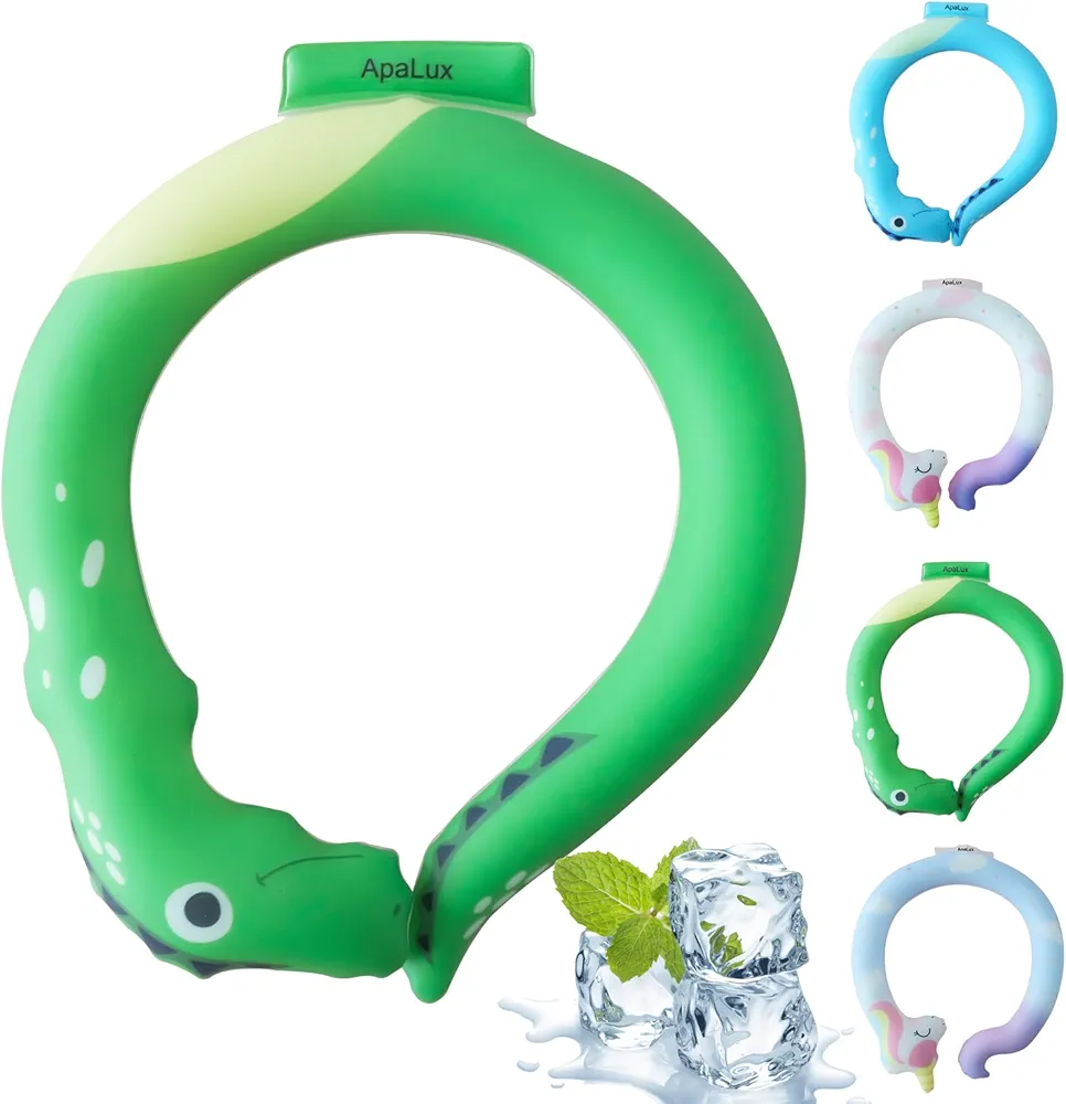 Neck Cooling Tube Kids Reusable Ice Ring Neck Cooler Neck Ice Wrap for Kids Wearable Body Cooling Products for Outdoor Indoor, Relief for Hot Flashes and Summer(Green Dinosaur)