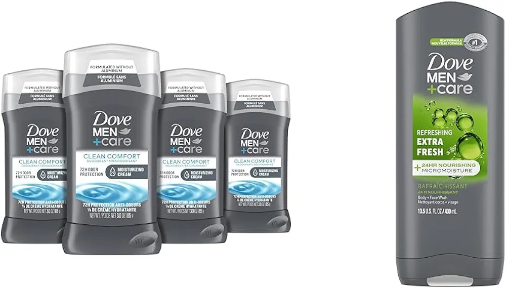 Dove Men Clean Comfort Deodorant 4 Pack 72hr Protection + Extra Fresh Body Wash for Healthier Smoother Skin