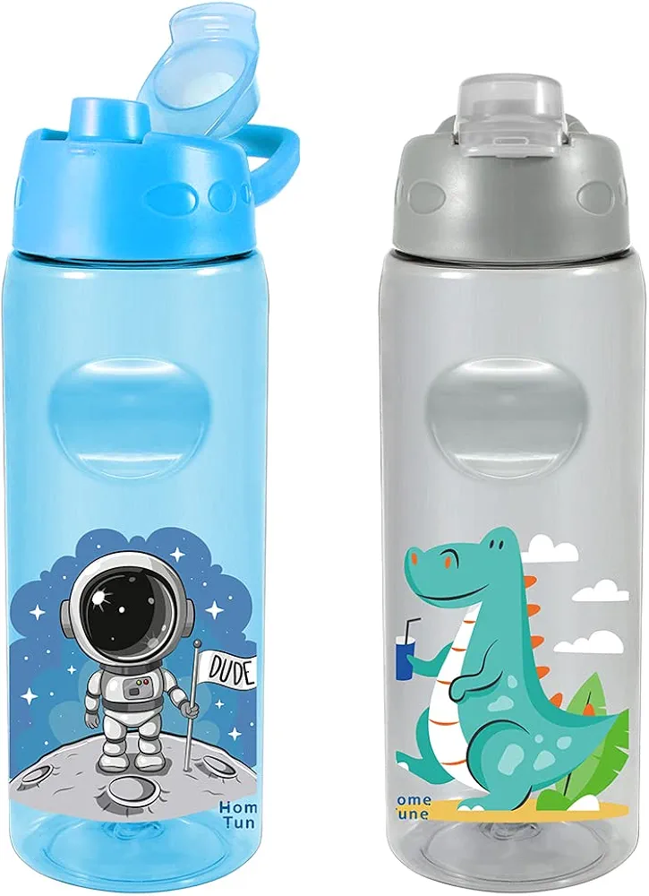 Home Tune 2 Pack 23oz Cute Water Bottles - Wide Mouth, Leak proof & Lightweight & Carry Hands for Girls & Boys - Dinosaur & Space