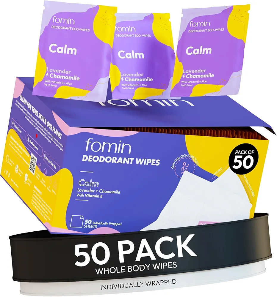 FOMIN Travel Deodorant Wipes - 50 Count - Calming Lavender and Chamomile - pH Balanced, Hypoallergenic Mini Deodorant Wipes For Women and Men - Plastic-Free, Individually Wrapped Underarm & Body Wipes