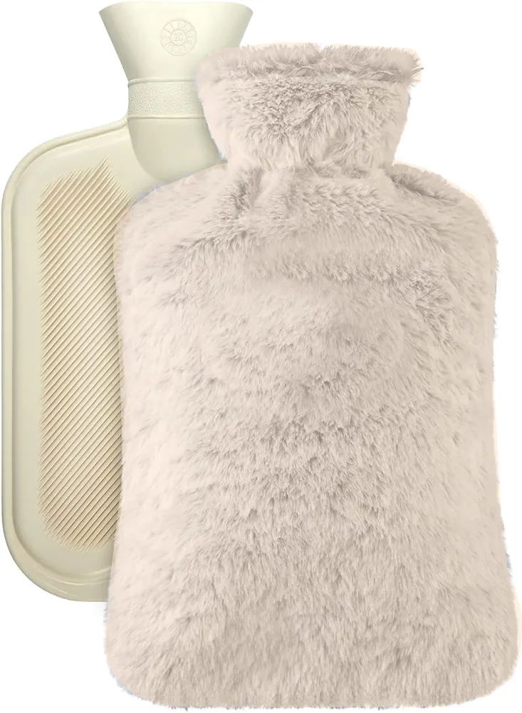 Large Hot Water Bottle with Cover, 2 Litre, Premium Natural Rubber Hot Water Bag, Soft Fleece Cover for Pain Relief, Back, Neck and Shoulders & Warm Cosy Nights (Beige)