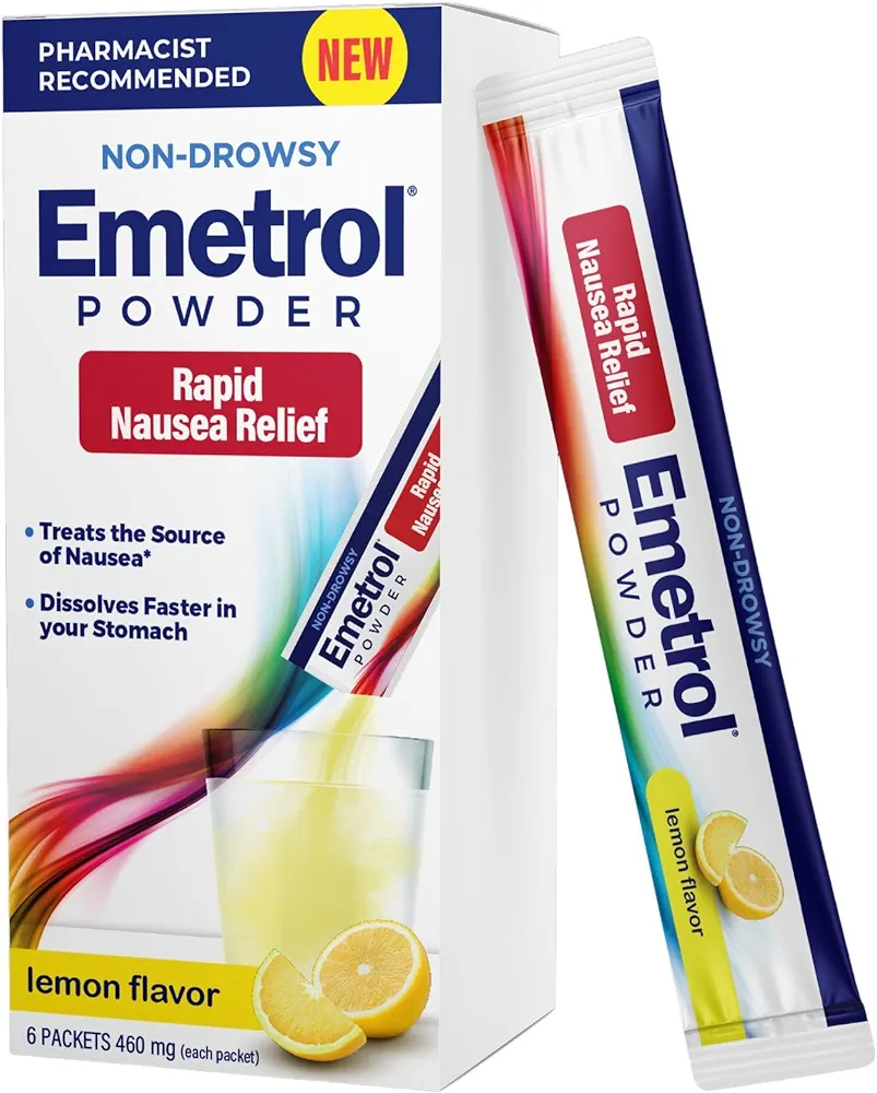 Emetrol Non-Drowsy Nausea Relief Powder Mix - Electrolyte Drink Mix for Rapid Nausea Relief, Morning Recovery, Hydration & Upset Stomach Relief - Lemon Flavor - 6 Packets