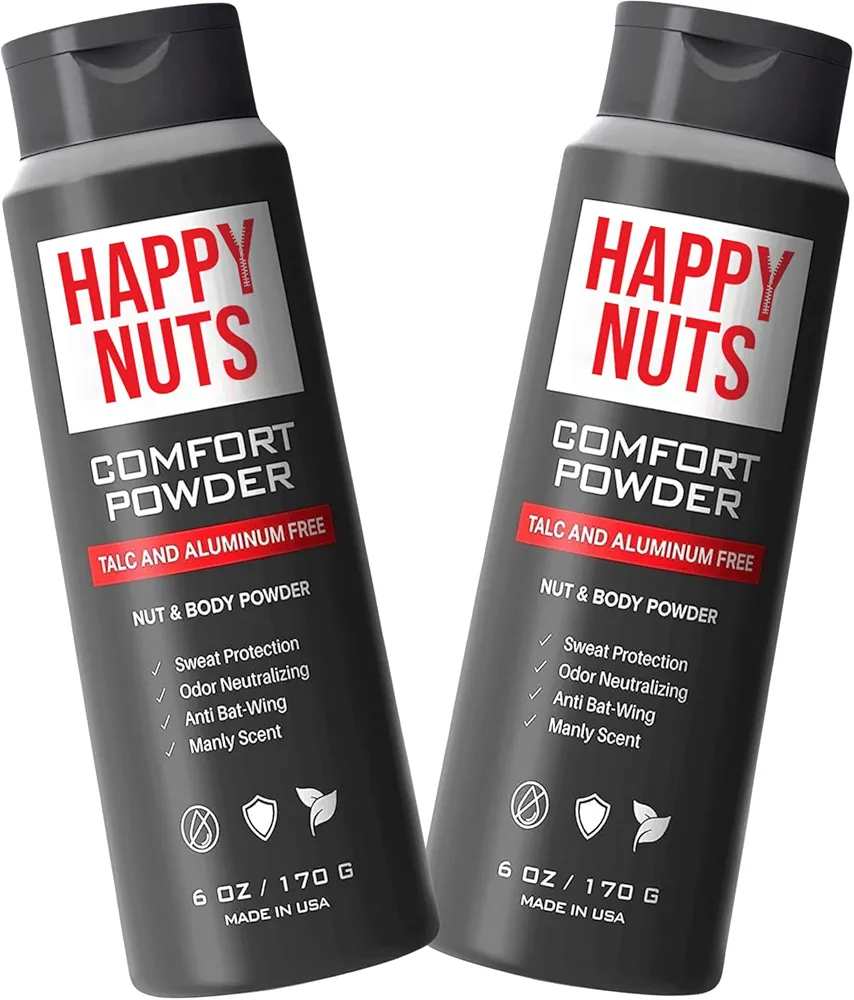 Happy Nuts Comfort Powder - Anti-Chafing, Sweat Defense & Odor Control for the Groin, Feet, and Body - Body Powder for Men (2 PACK)